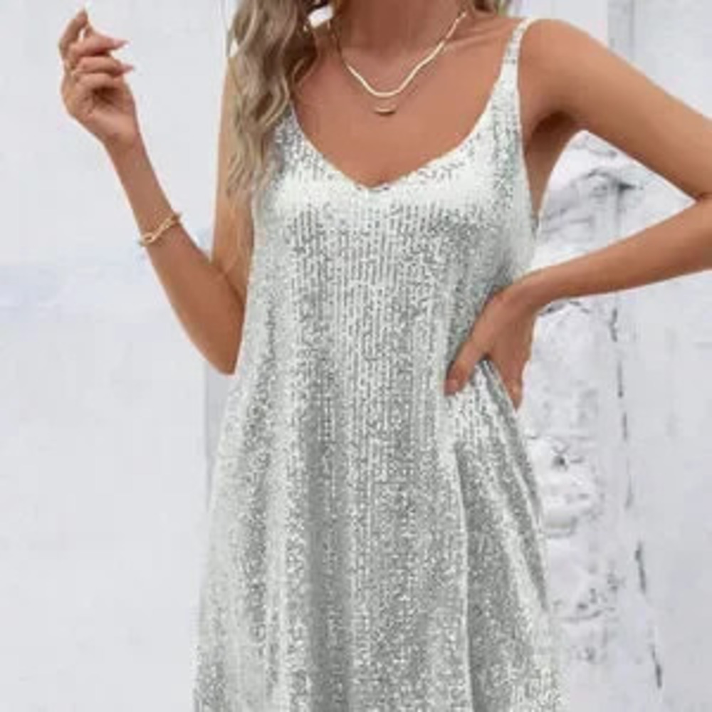 ZARA Silver Sexy Women's Sleeveless Sequin V-Neck Dress